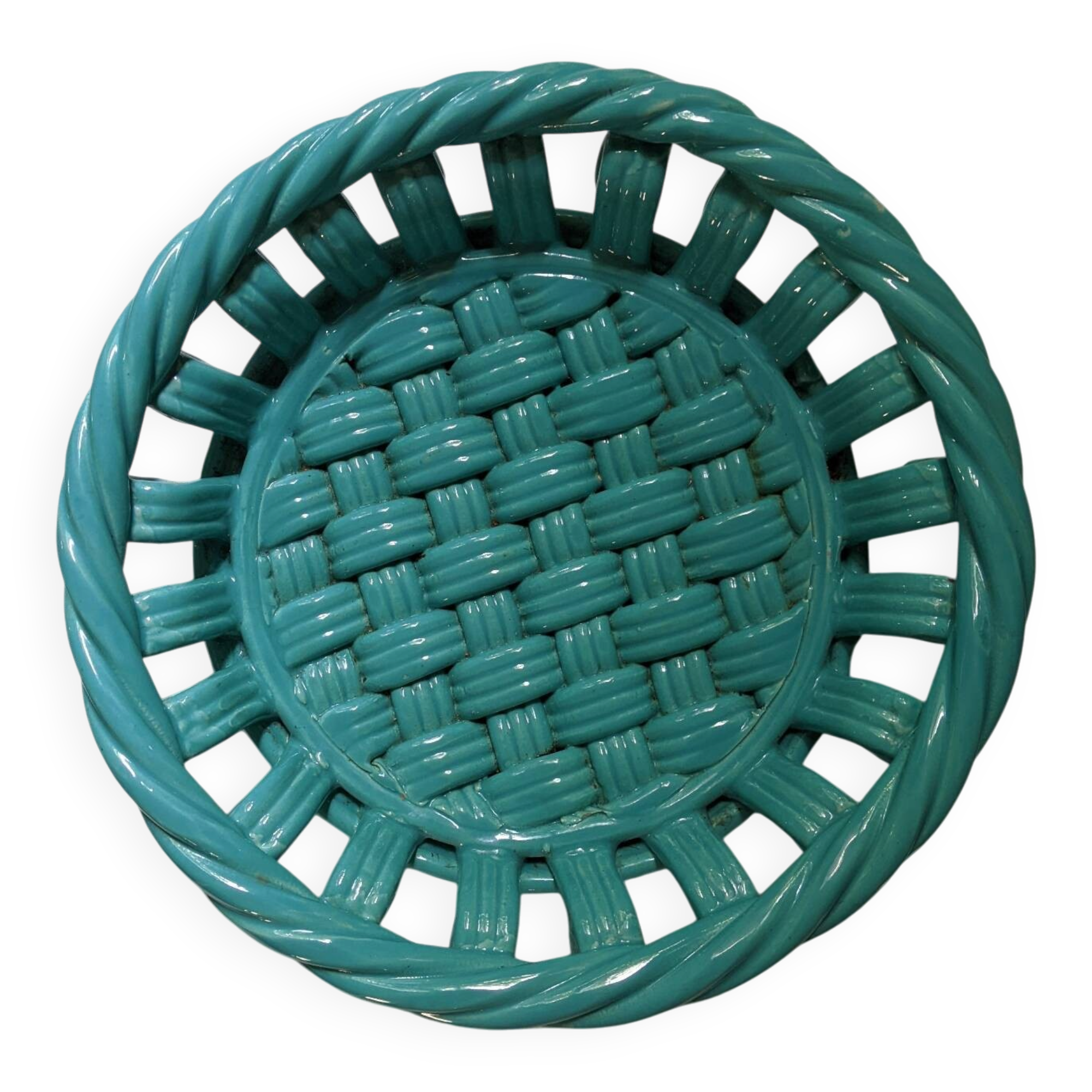 Woven ceramic fruit bowl from the 1950s