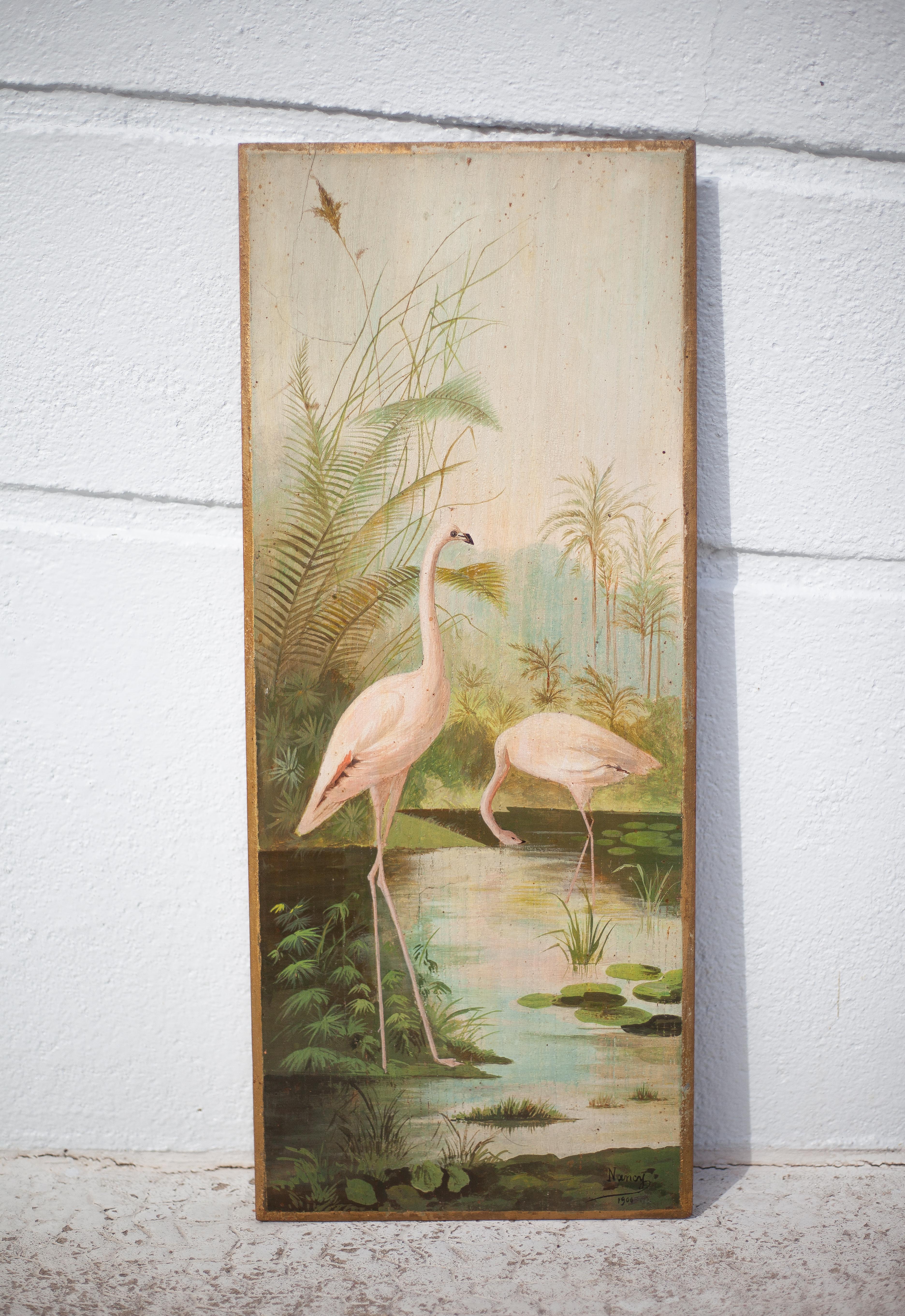 Pair of naturalistic painted wood panel signed Nancy 1900, Art Nouveau, pink flamingo bird, heron