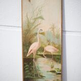 Pair of naturalistic painted wood panel signed Nancy 1900, Art Nouveau, pink flamingo bird, heron