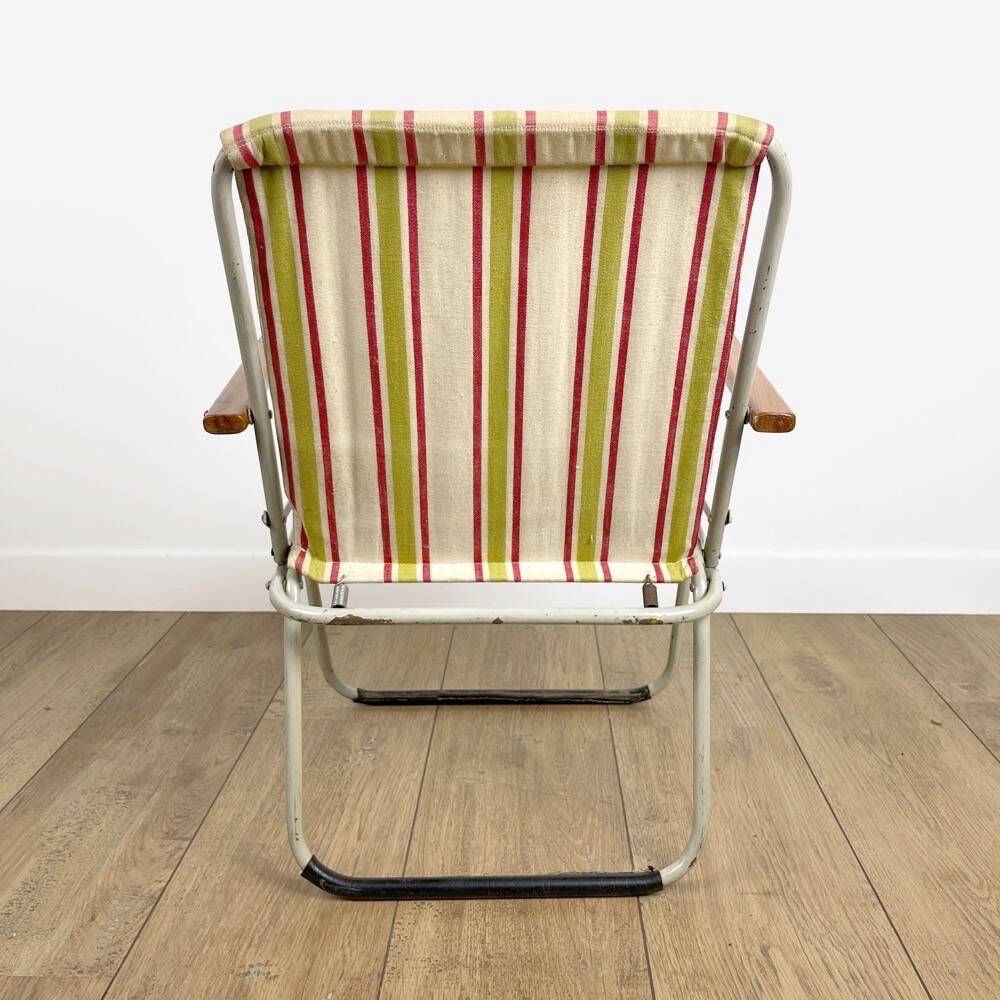 Vintage children's folding armchair in metal and striped canvas
