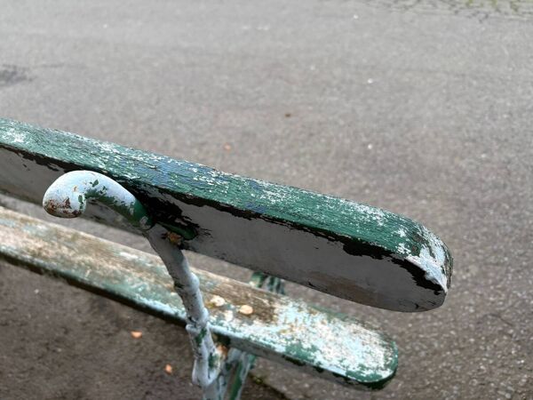 Ancien banc de jardin bois & fonte 2 m-long – patine d’origine