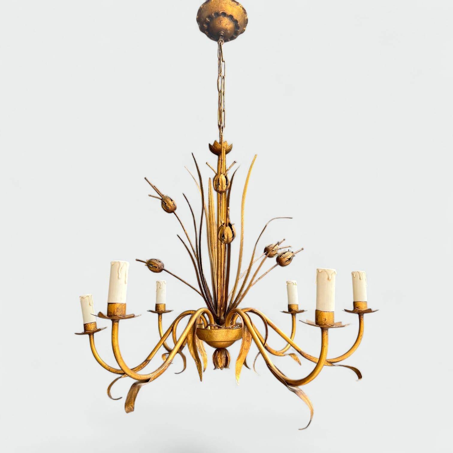 Golden Metal Chandelier with Reed Bouquet Decoration. Coco Chanel Style. Work