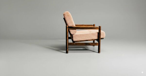 Fauteuil scandinave vintage – chêne foncé & coussins poudre