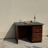 Modernist desk in wood and green moleskin upholstery