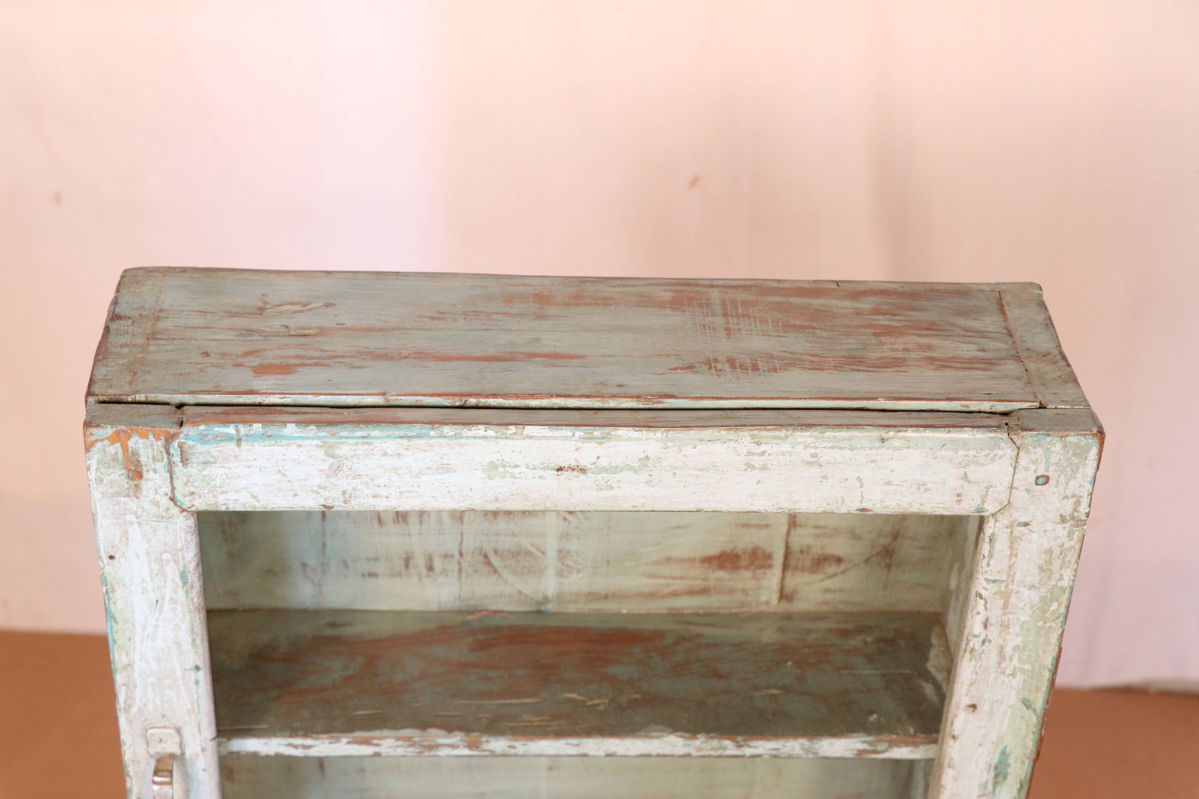 Old wall showcase in original white-blue patina Burmese teak