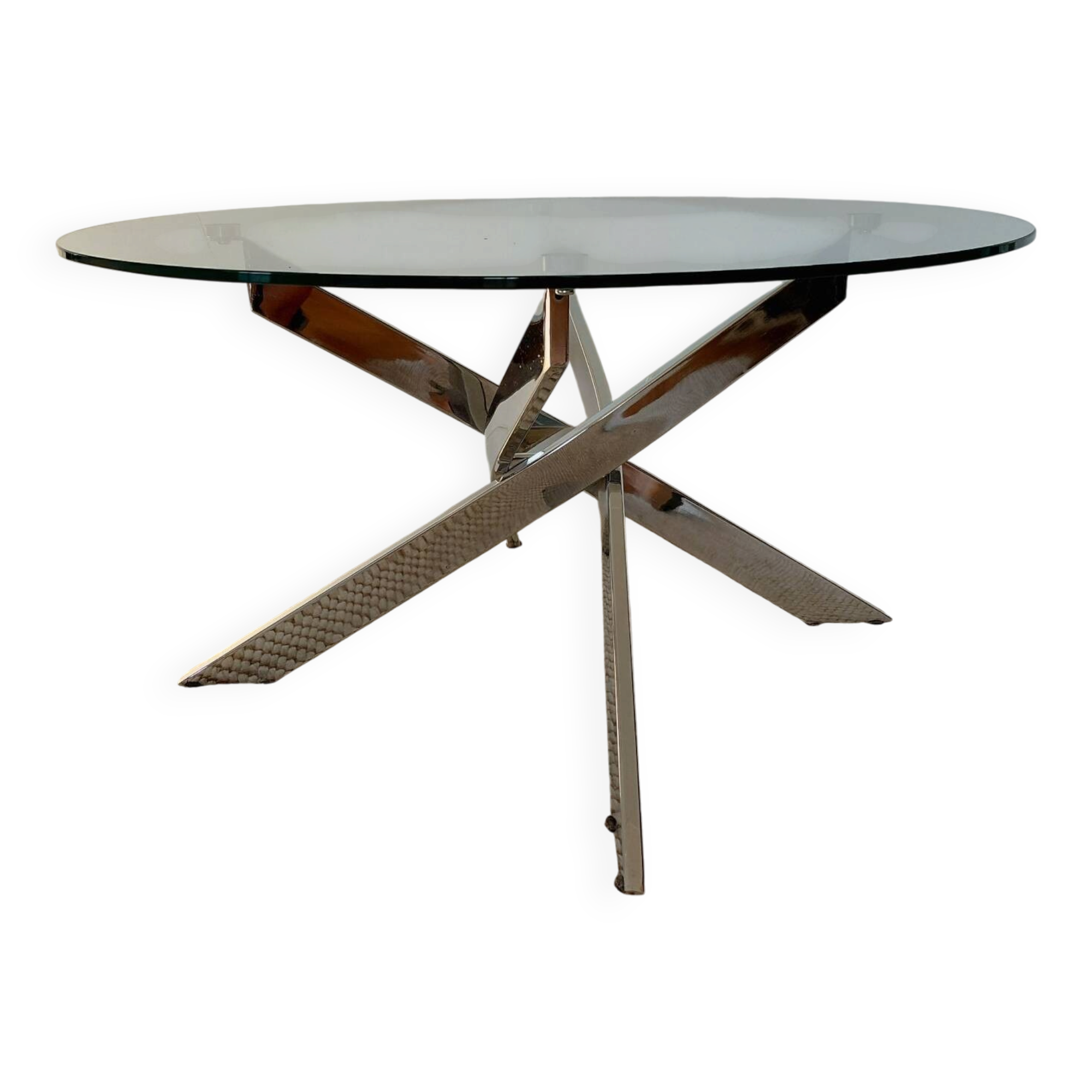 Table basse ronde Space Age acier chromé, verre, piètement hélice 70s