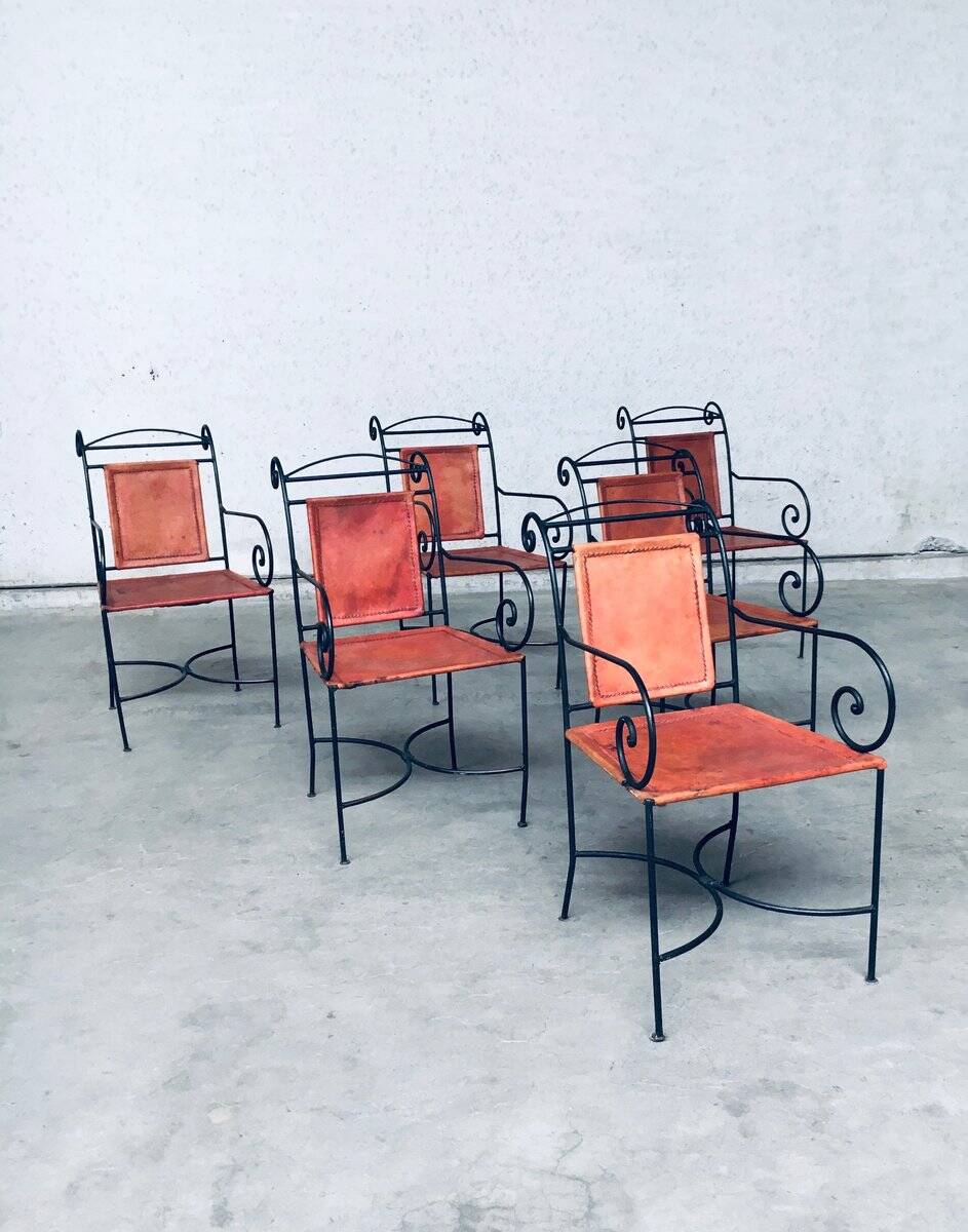 Wrought Iron and Leather Swirl Dining Chairs, Spain, 1960s, Set of 6