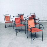Wrought Iron and Leather Swirl Dining Chairs, Spain, 1960s, Set of 6