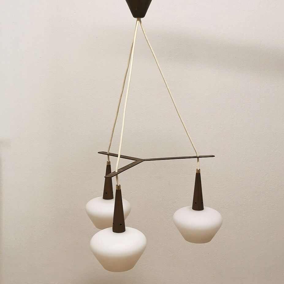 Scandinavian metal and opaline glass pendant lamp, 1950