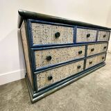 Commode vintage en rotin bleu par Maugrion, France 1970