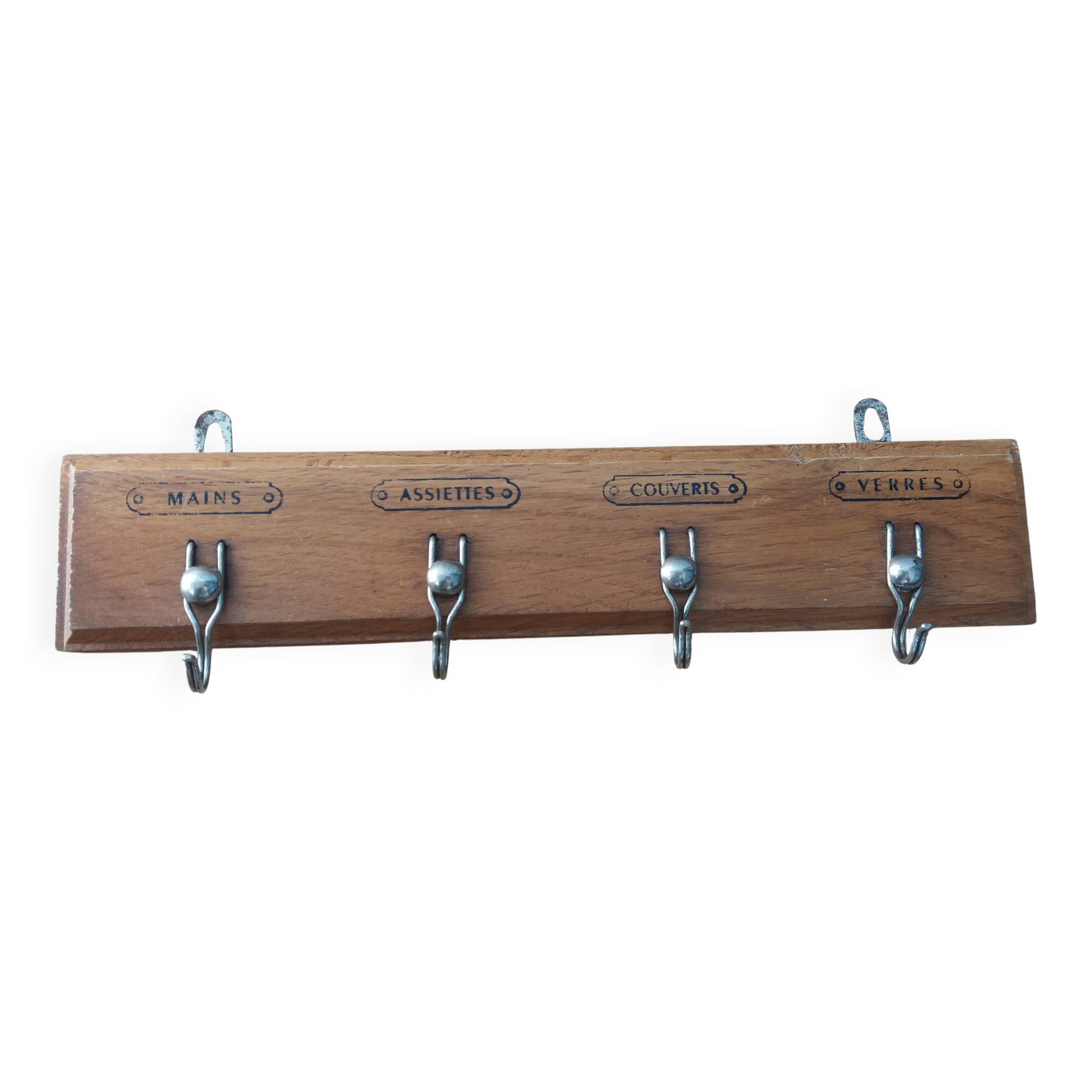 Tea towel holder, wooden and metal towel hook.