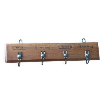 Tea towel holder, wooden and metal towel hook.