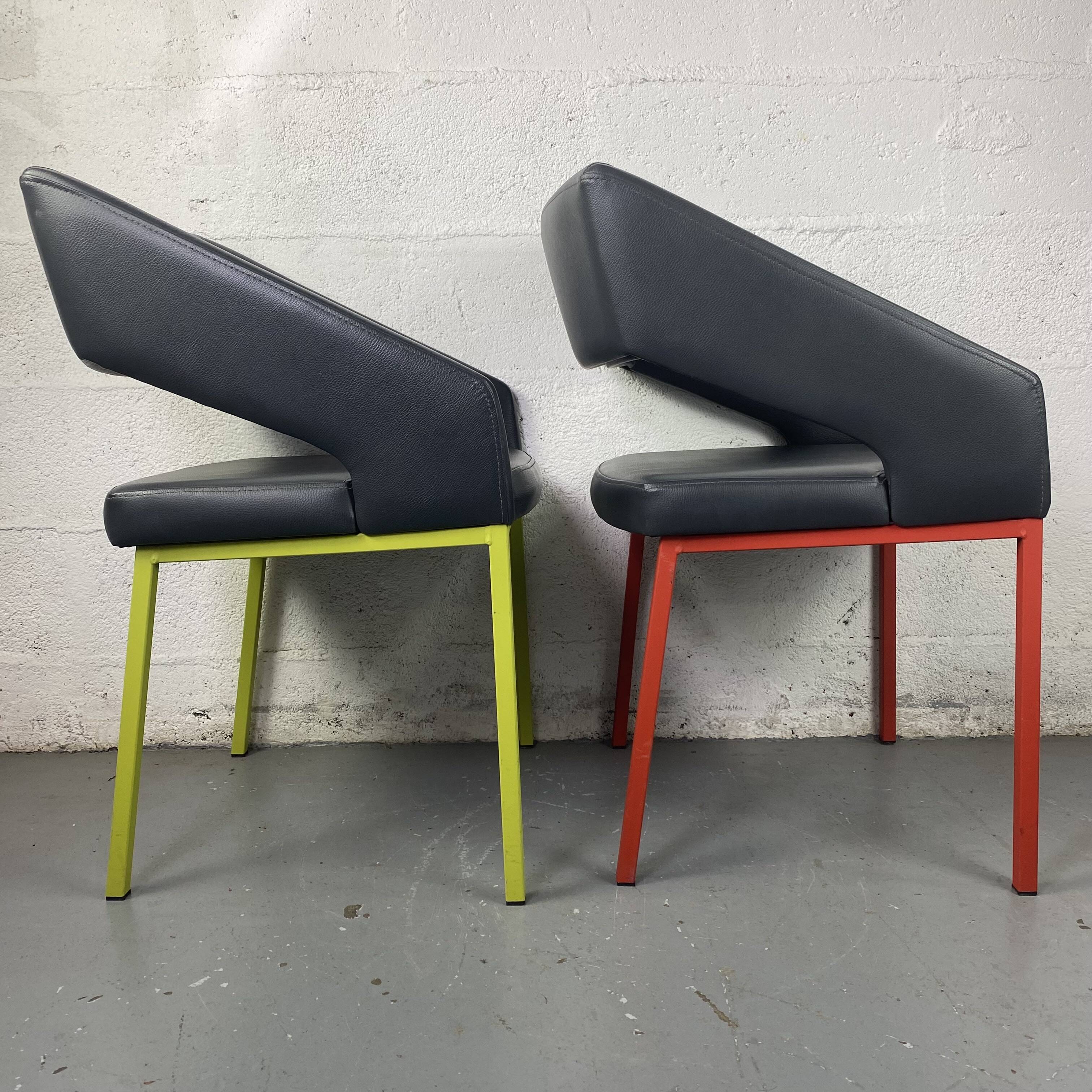 Pair of metal and leather armchairs / Green & Red