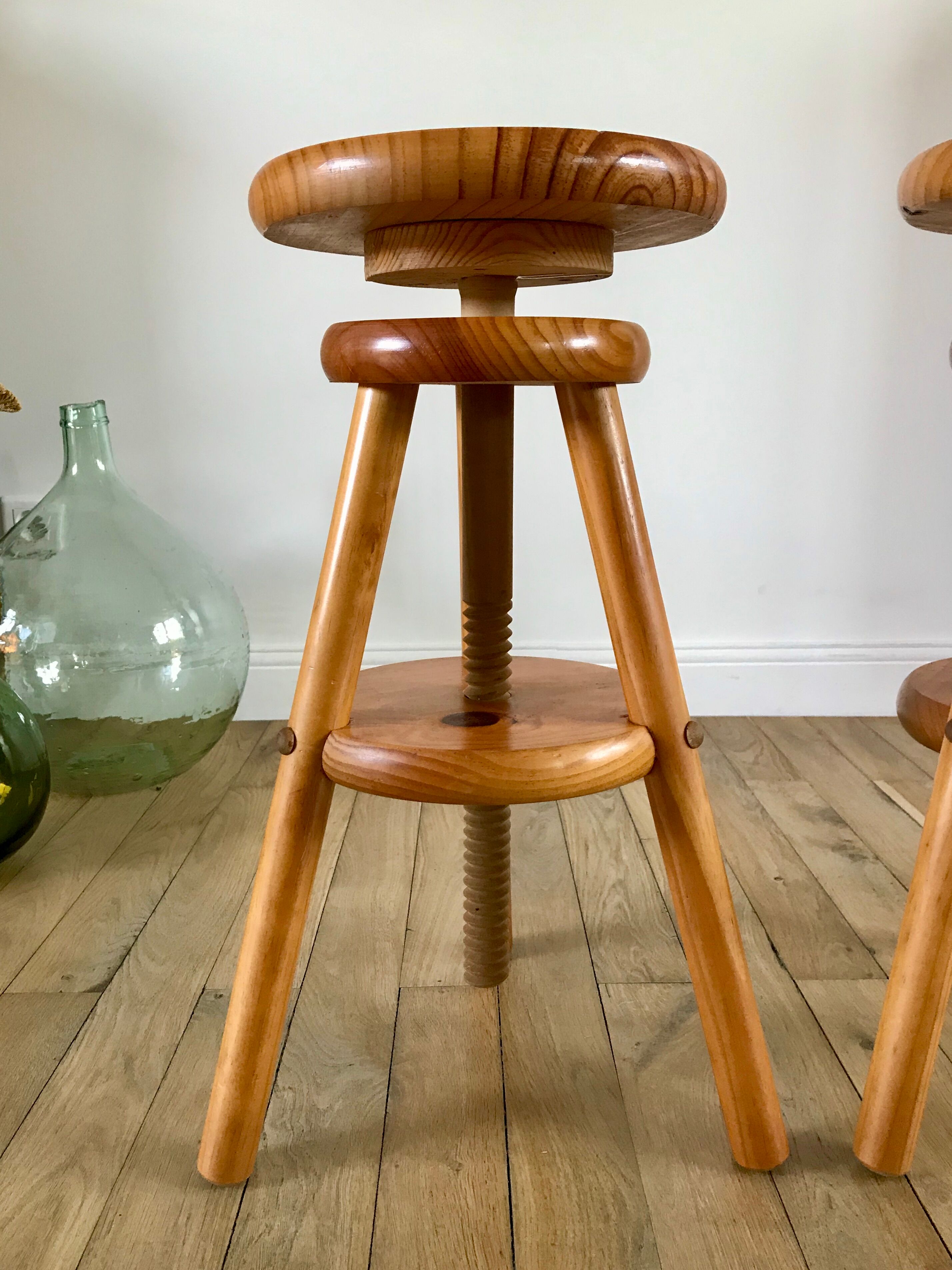 pair of adjustable architect stools pine style 60s