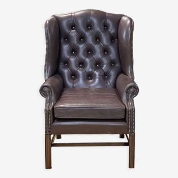 Chesterfield armchair with brown leather ears from the 1990s in very good condition