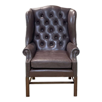 Chesterfield armchair with brown leather ears from the 1990s in very good condition