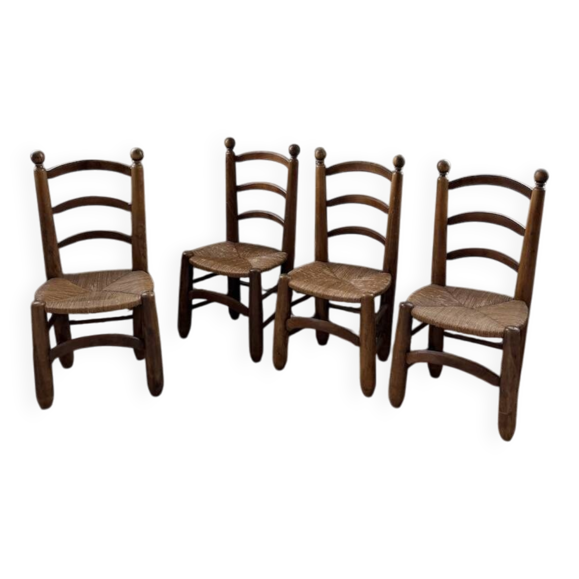 Set of 4 oak and straw chairs Dudouyt 1940