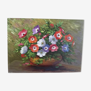 Bouquet d'anémones dans un vase peinture sur panneau.