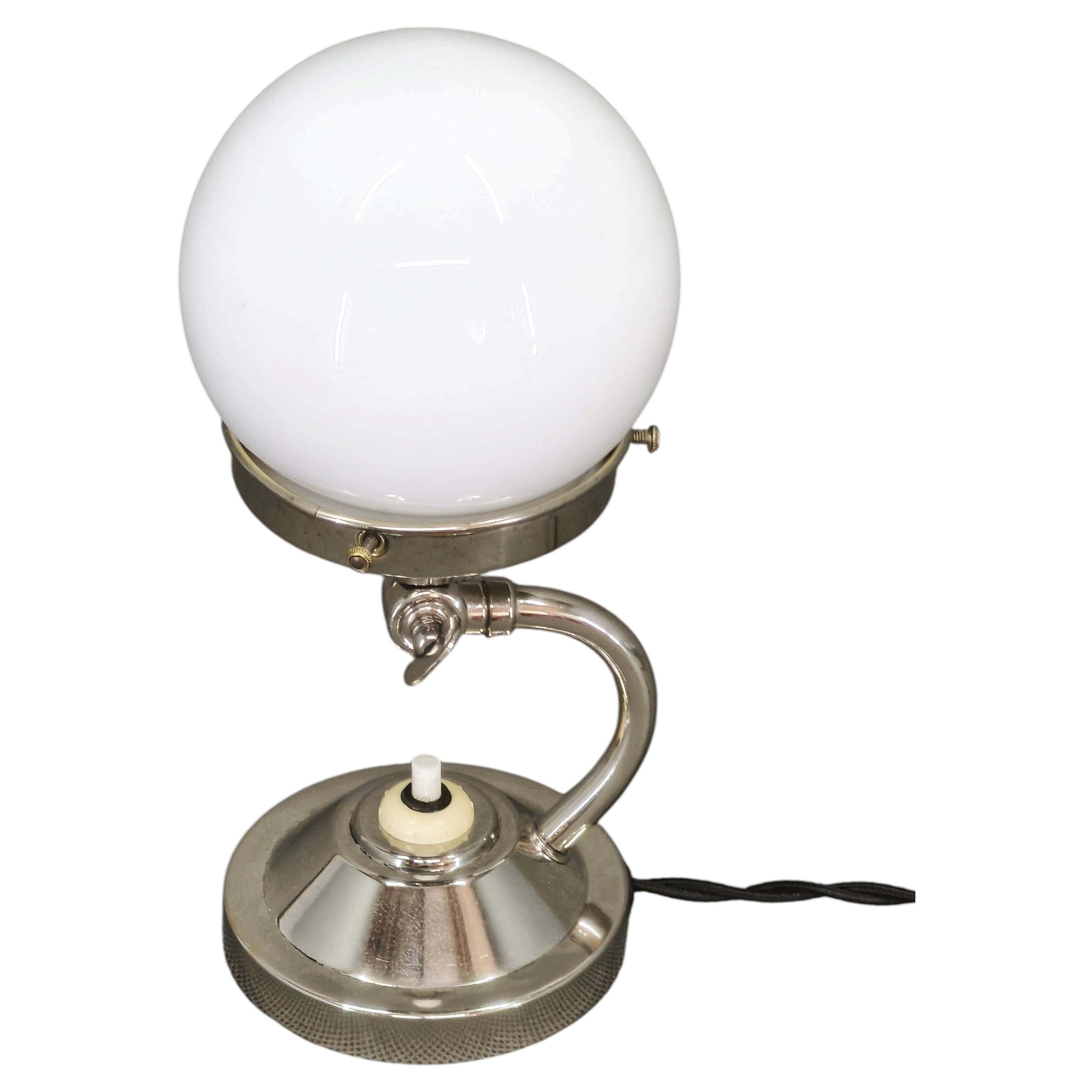 1930s Bauhaus Nickel and Opaline Glass Table Lamp, Czechoslovakia