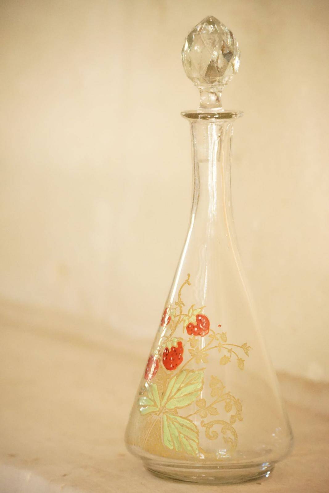 Legras (late 19th century) strawberry enamelled glass liqueur carafe.