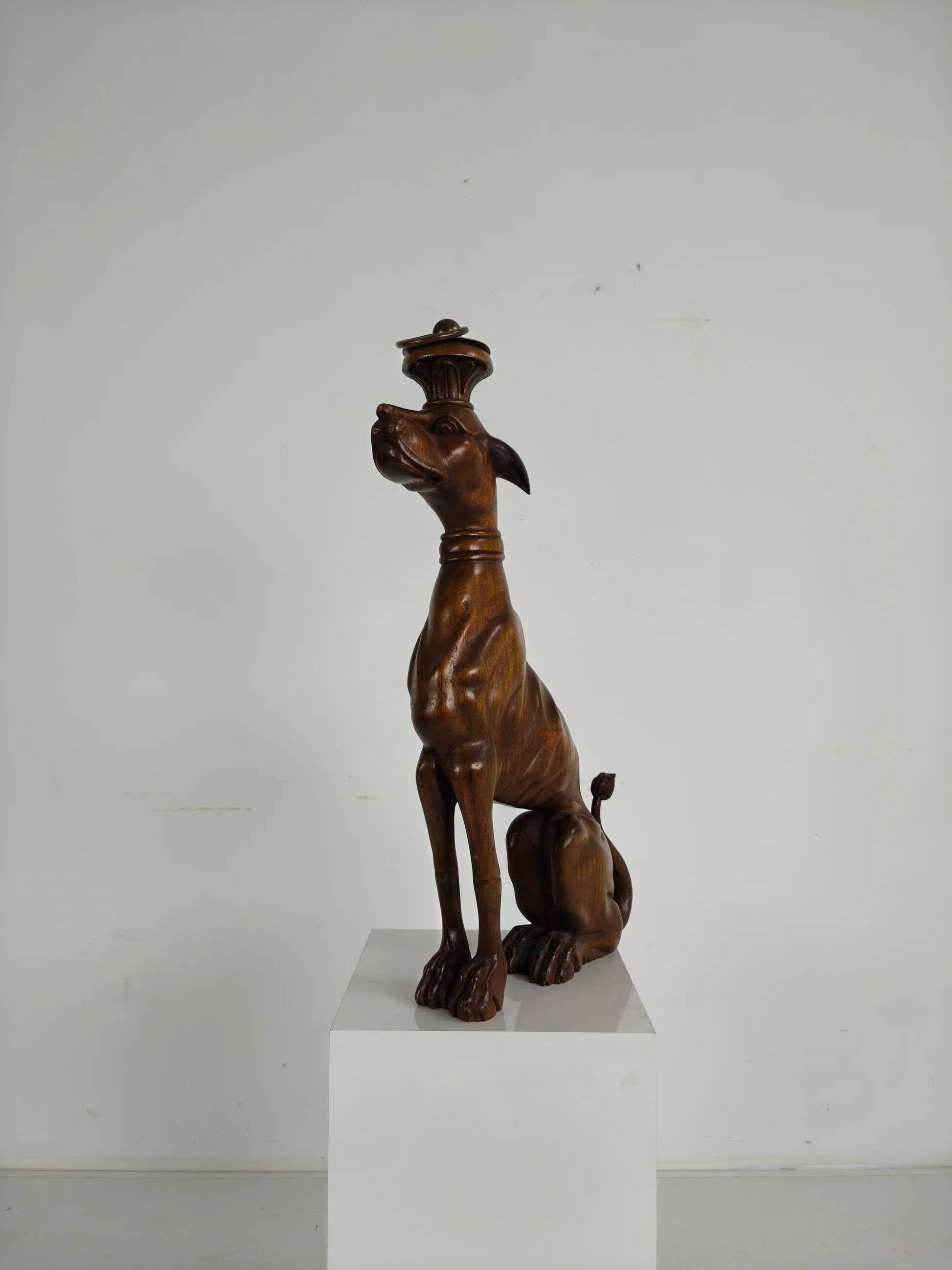 Hand-carved wooden greyhound statue - 20th century