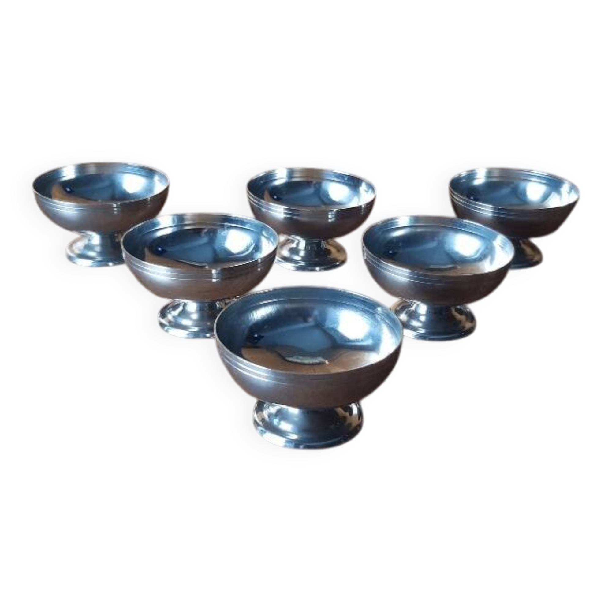 6 vintage stainless steel ice cream cups, France
