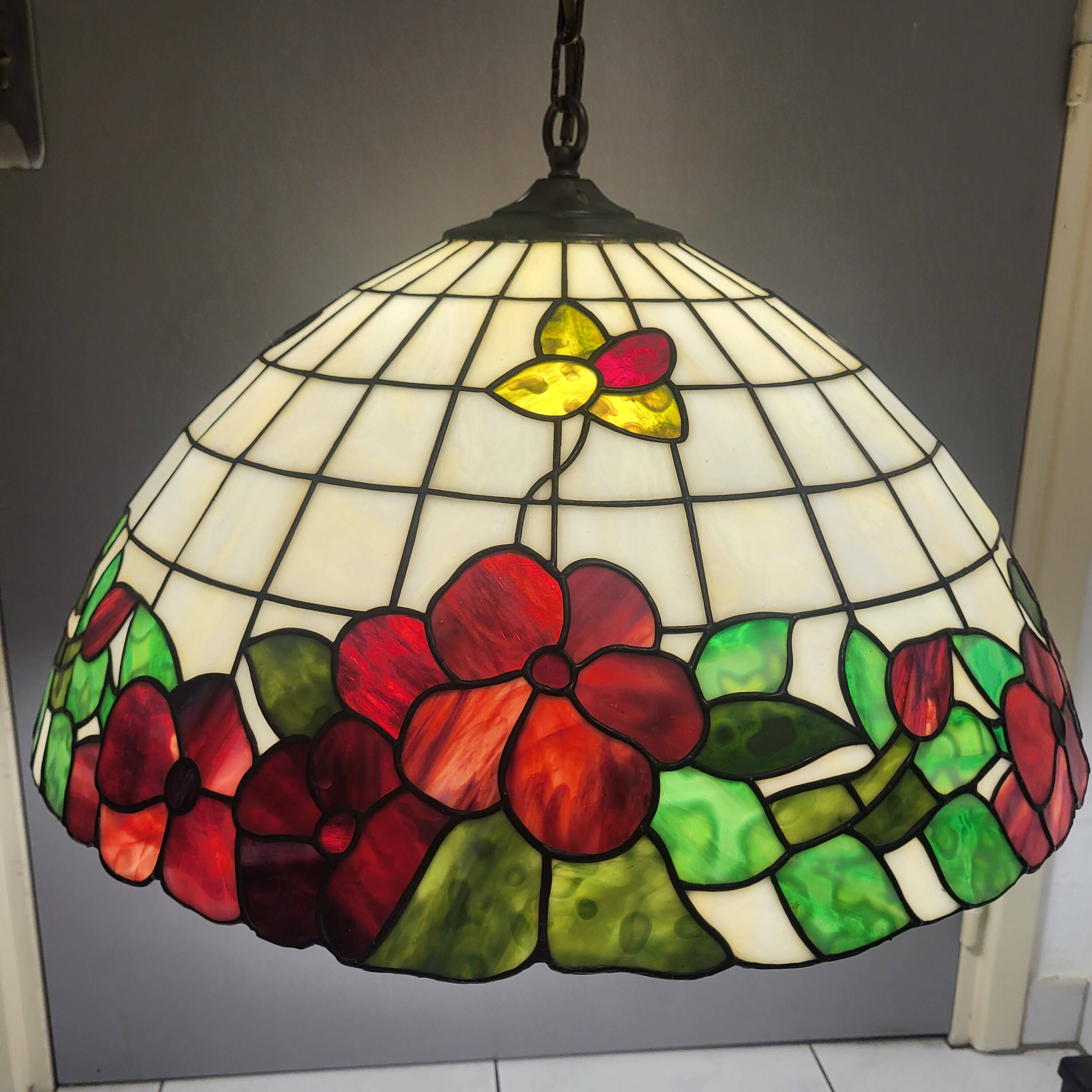 Large Tiffany pendant light in coloured glass