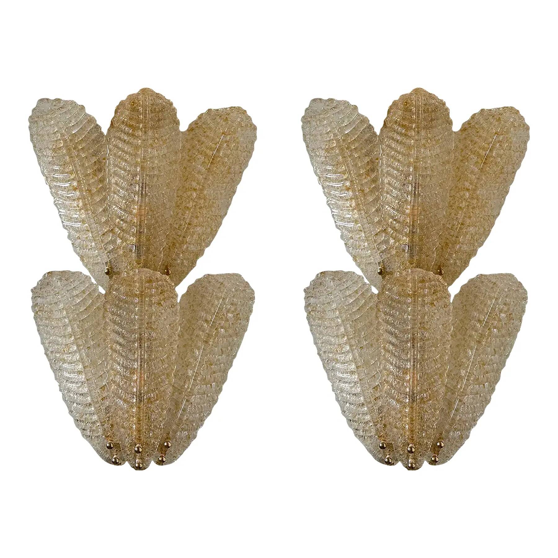 Luxury Venetian Wall Sconces in Amber "Graniglia" Leaves Murano Glass-Set o