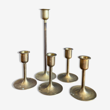 Set 5 vintage brass candlesticks