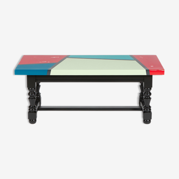 Colorful geometric solid oak coffee table