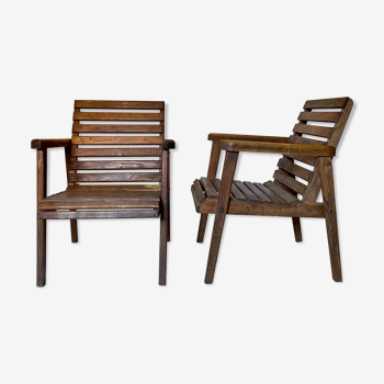 pair of armchairs with slats in chene 1950