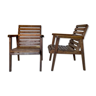 pair of armchairs with slats in chene 1950