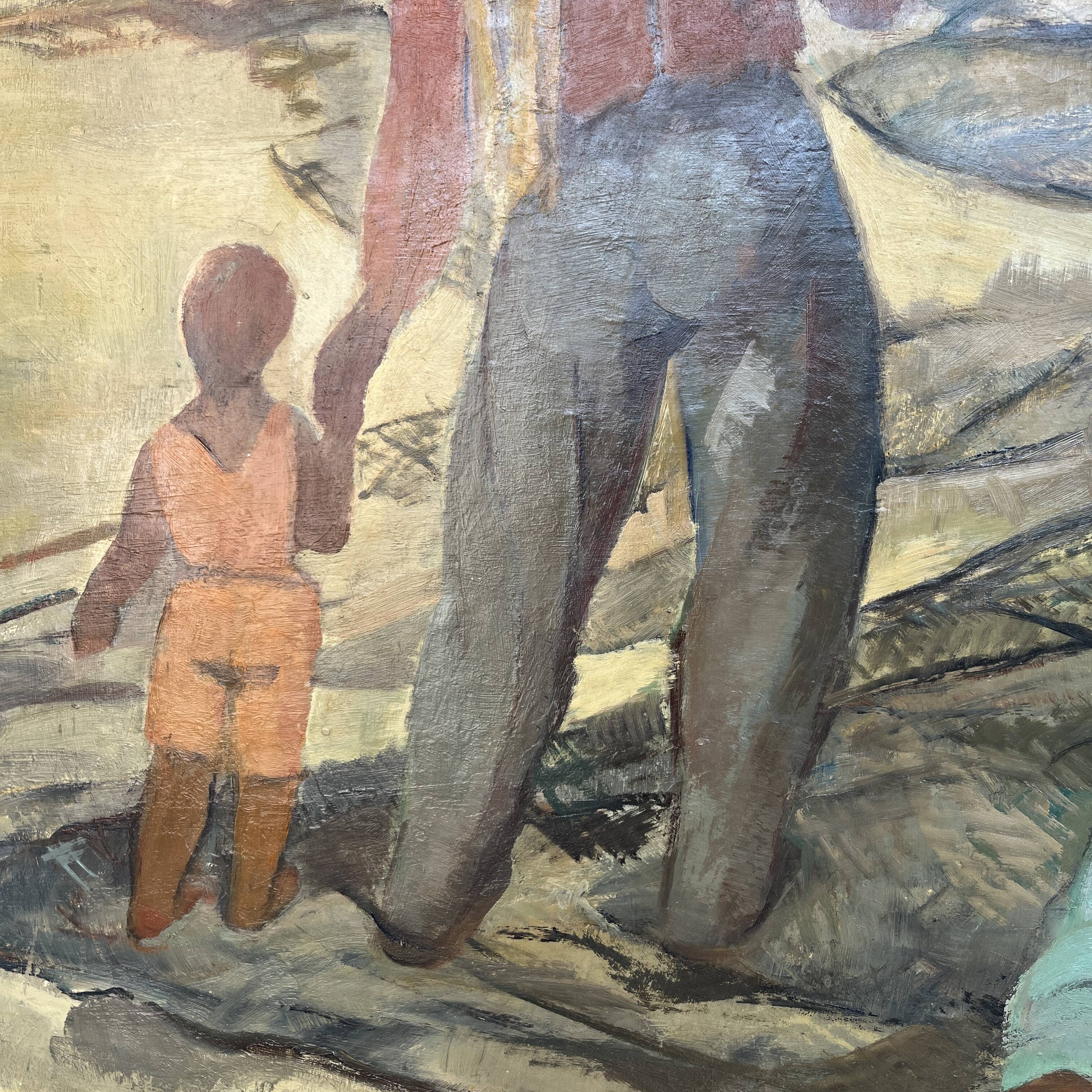 Painting "return from fishing", oil on panel, flory roland ca 1945