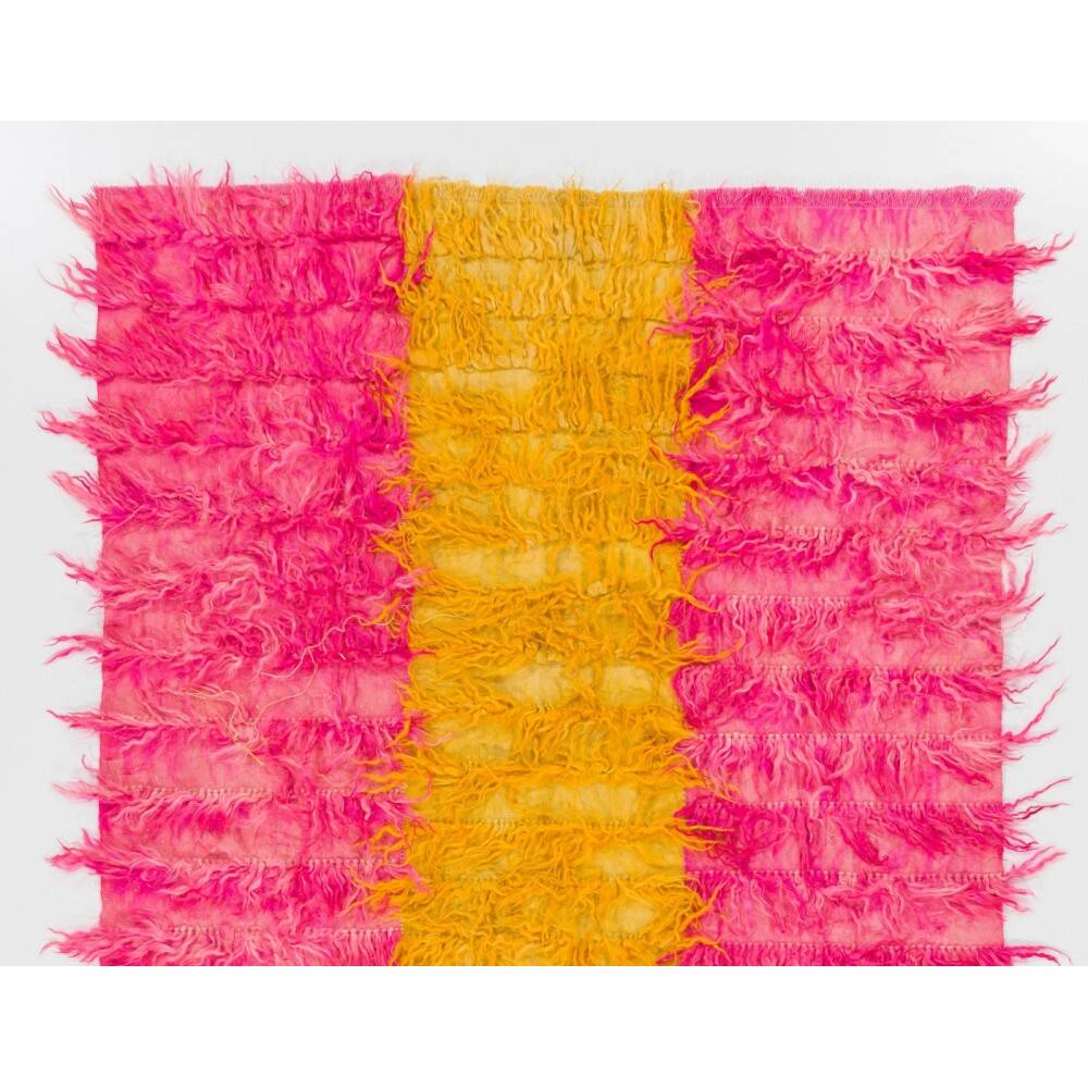 New Hand-Knotted Shag Pile Tulu Rug in Hot Pink and Yellow, 100% Mohair Wool