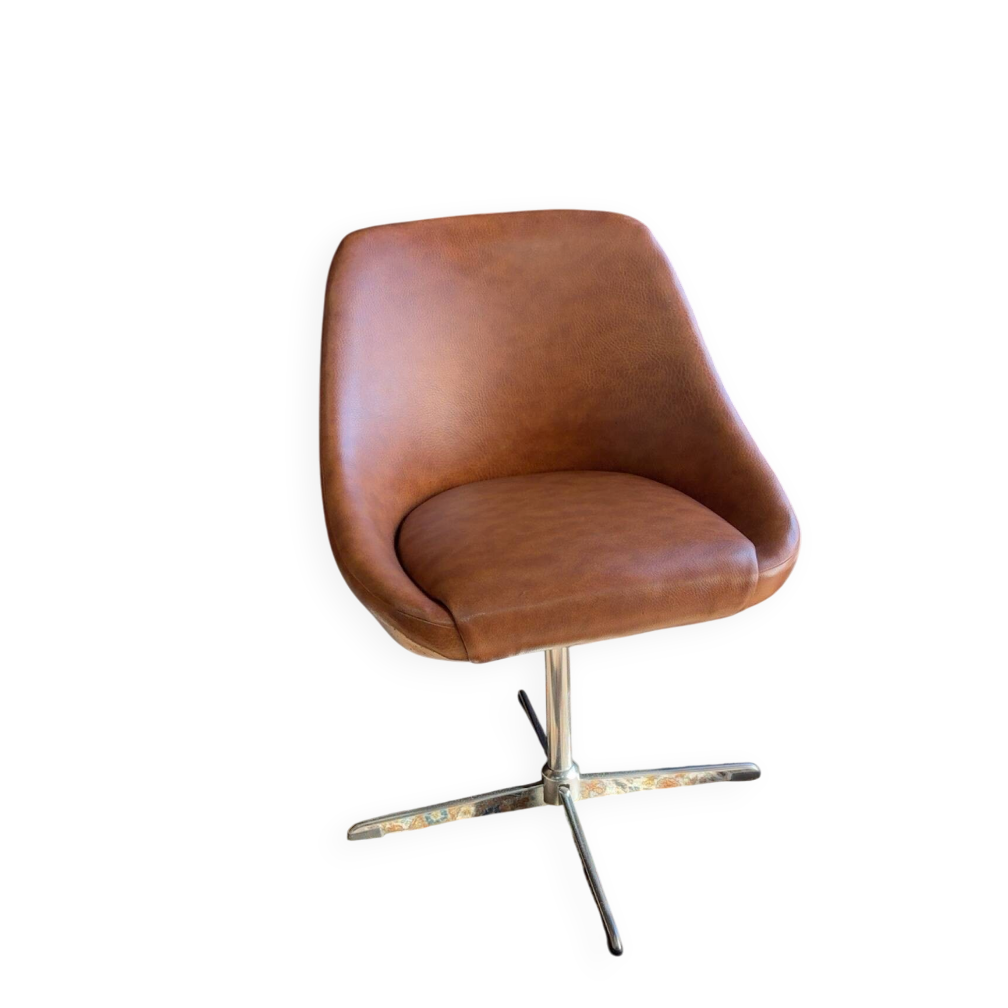 Vintage swivel office chair in cognac faux leather – 1970s