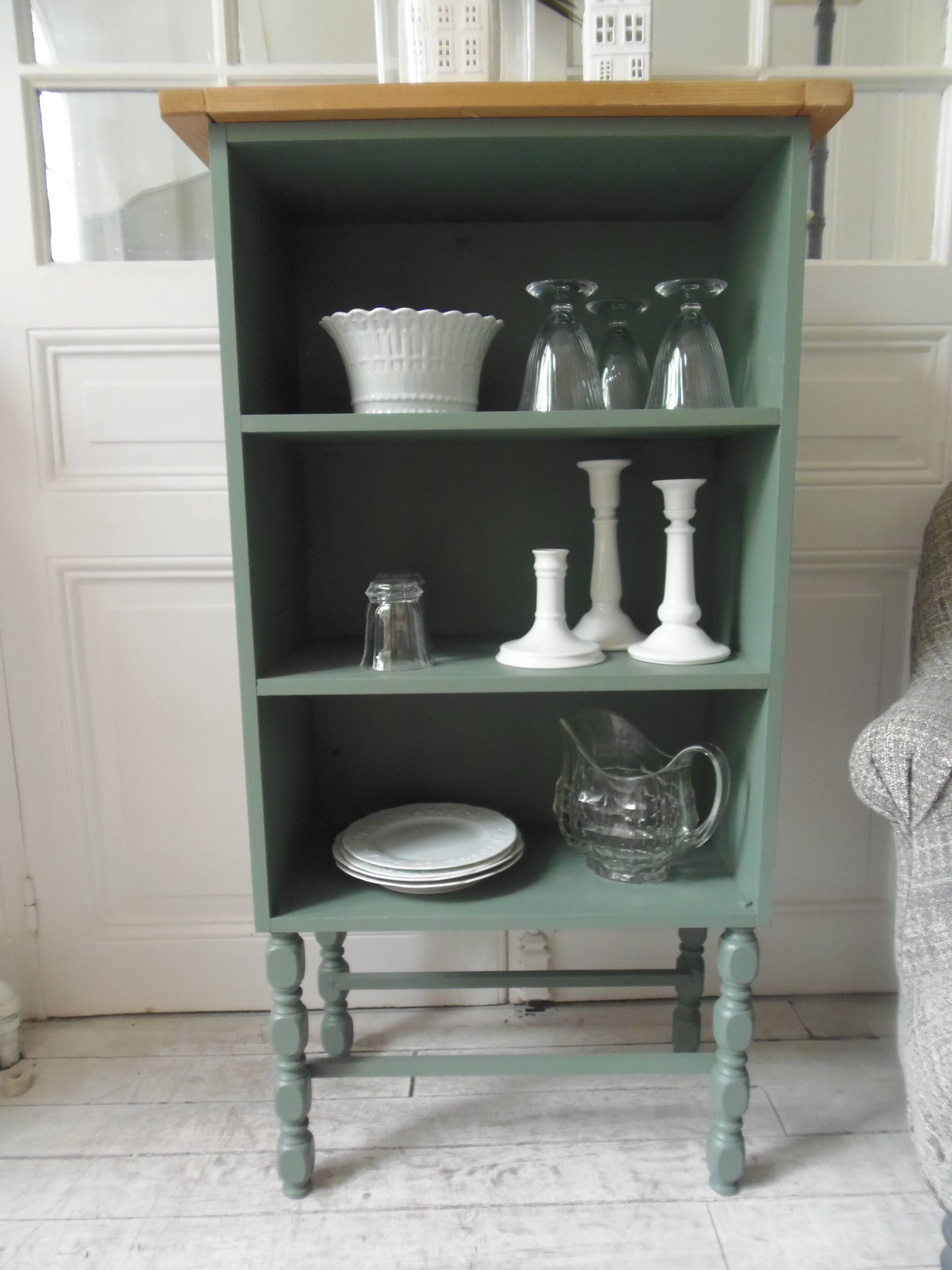 Small vintage bookcase enhanced in smoky green