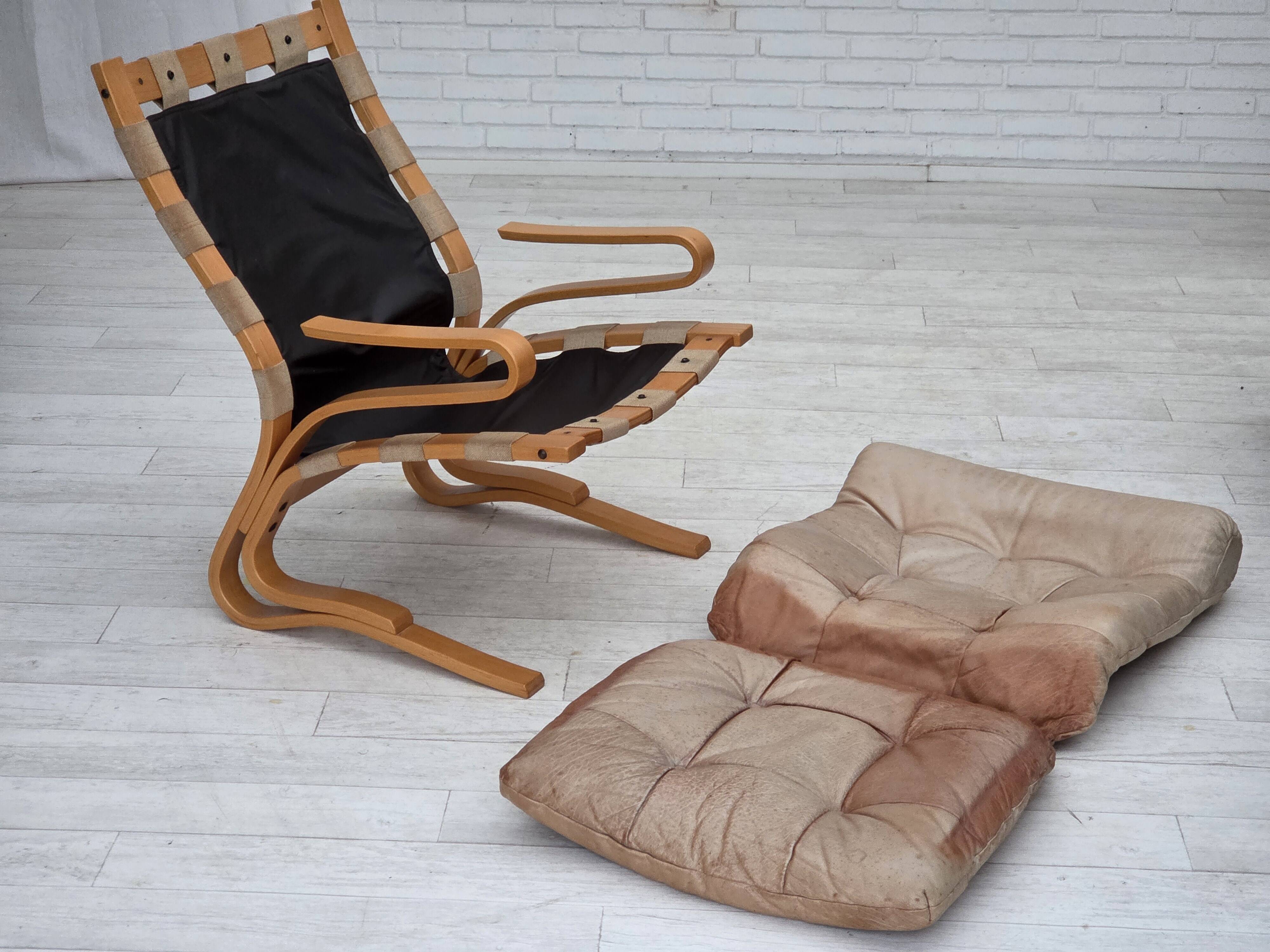 1970s, Norwegian armchair, model "Kengu", beige furniture leather.