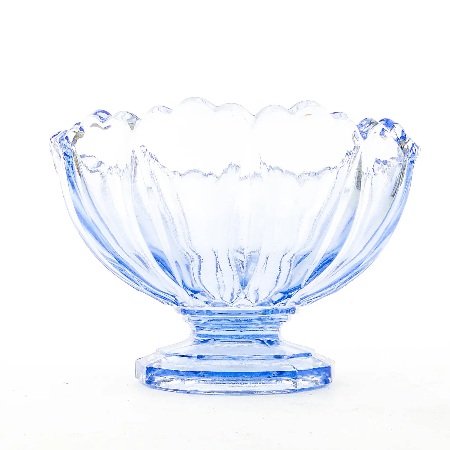 Ring Around fruit bowl, mid-century modern, pressed turquoise glass, Ząbkowice, Poland, 1960s