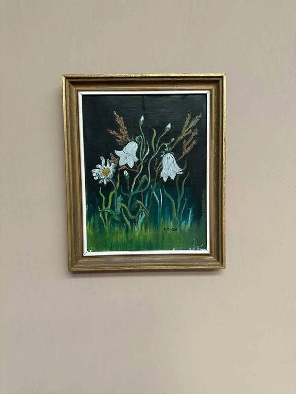 Swedish oil on panel “White Lilies and Flowers” by EK, vintage & framed 28×35cm