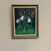 Swedish oil on panel “White Lilies and Flowers” by EK, vintage & framed 28×35cm