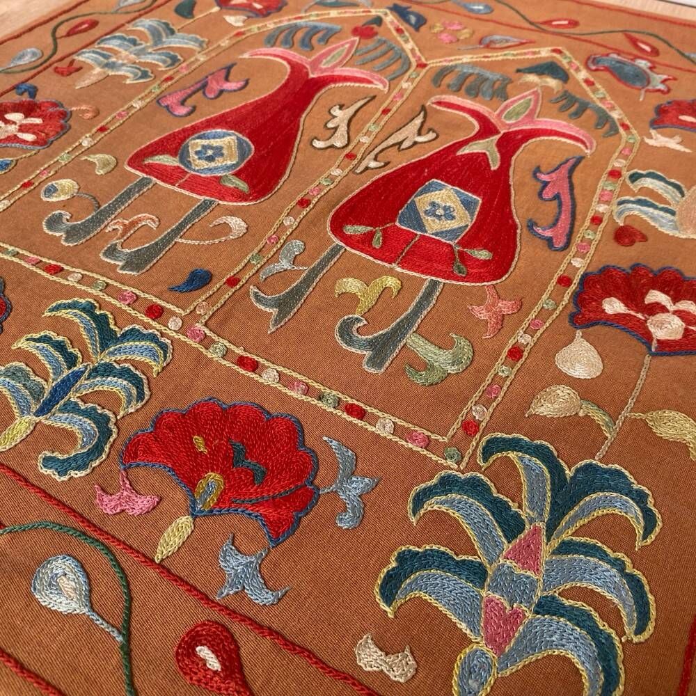 Silk Embroidered Brown Cushion Cover. Suzani Textile Pillowcase. Traditional Folk Accent Pillow
