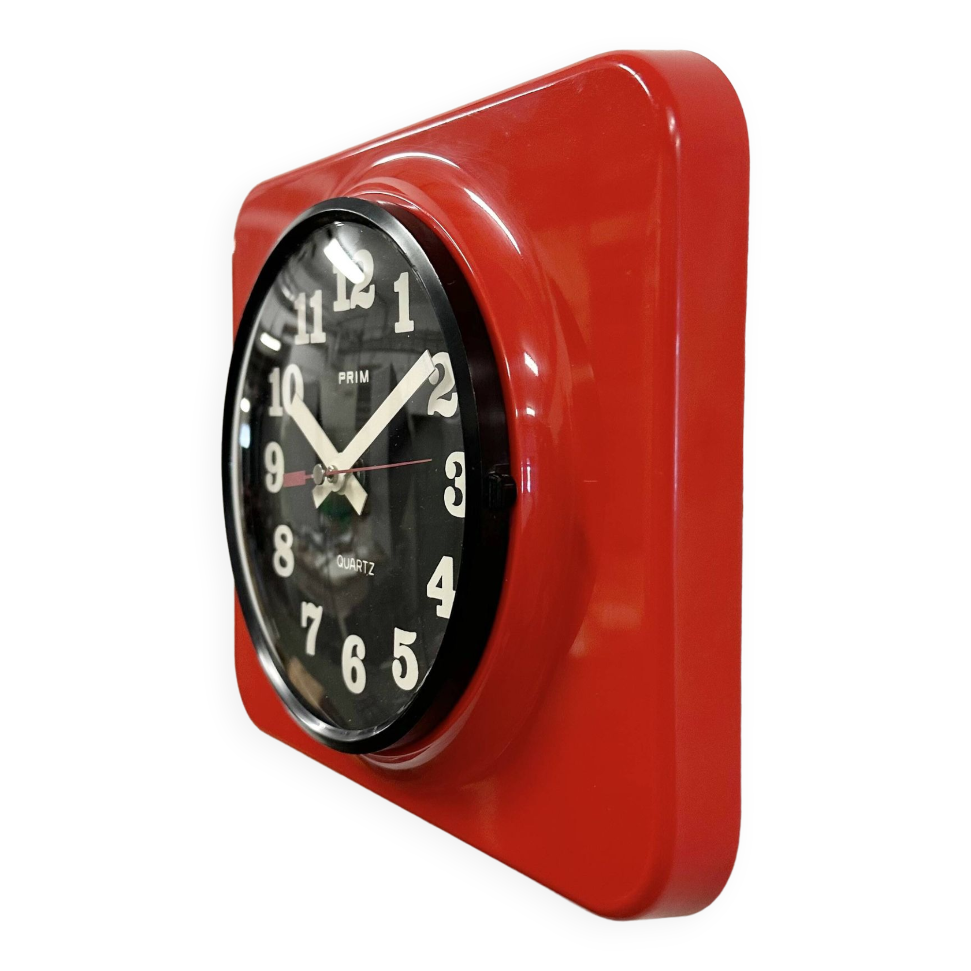 Vintage red bakelite wall clock from prim, 1970s