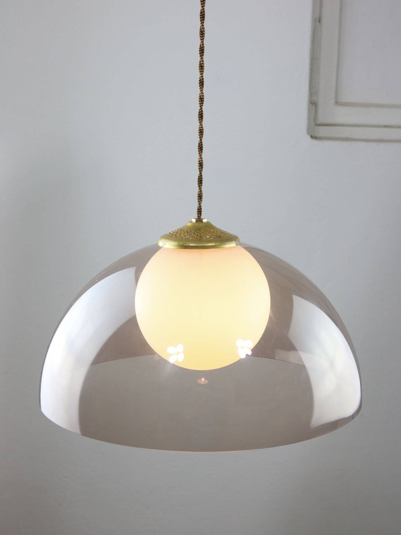 Space-age italian brass, opaline and plexiglass pendant lamp