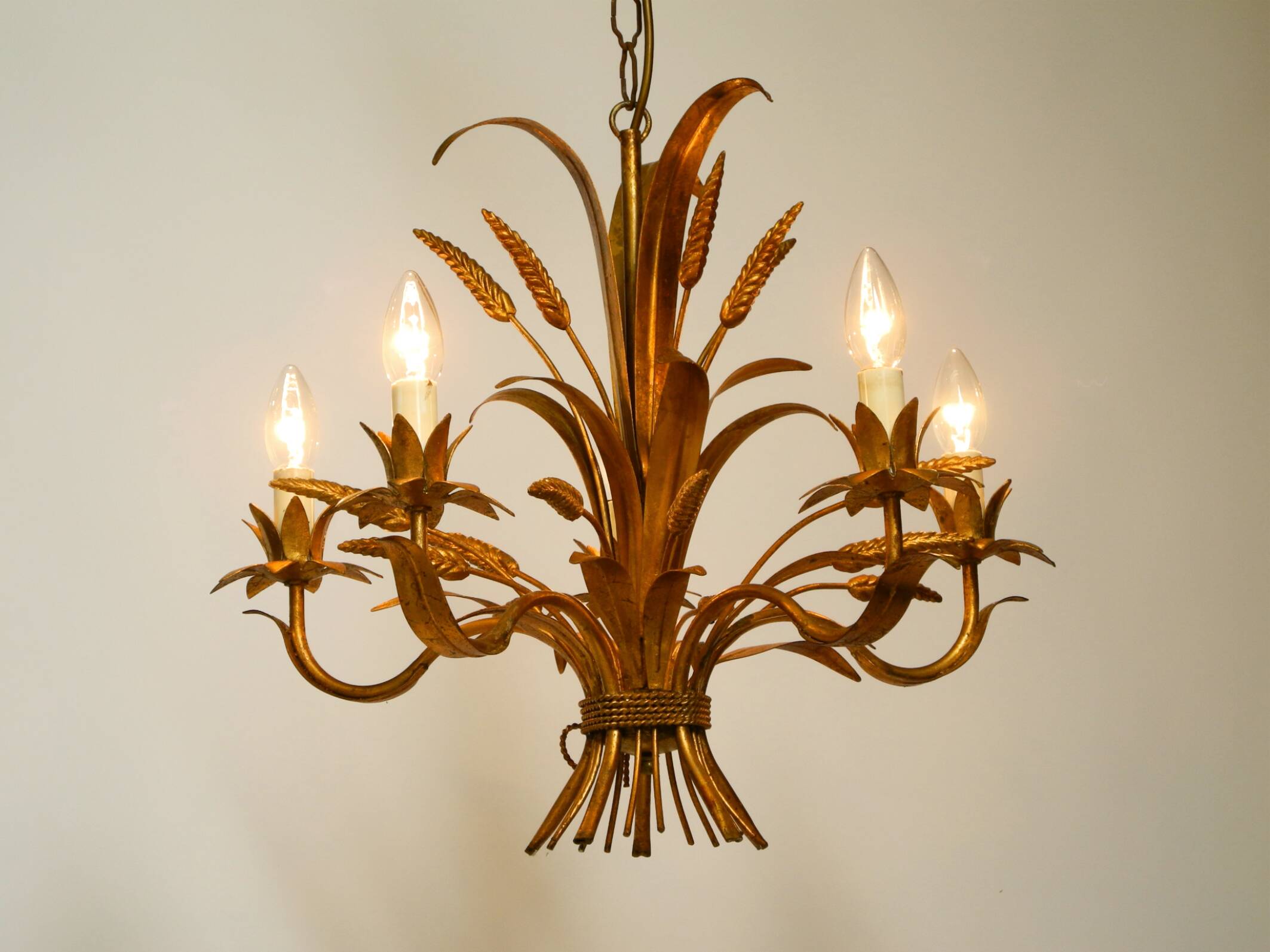 Beautiful 1970s gold-plated 5-arm tall metal chandelier by Hans Kögl