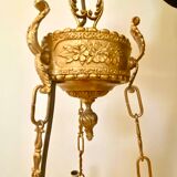 Lustre à 6 bras de lumière en bronze doré de style Empire français, en porcelaine bleu cobalt