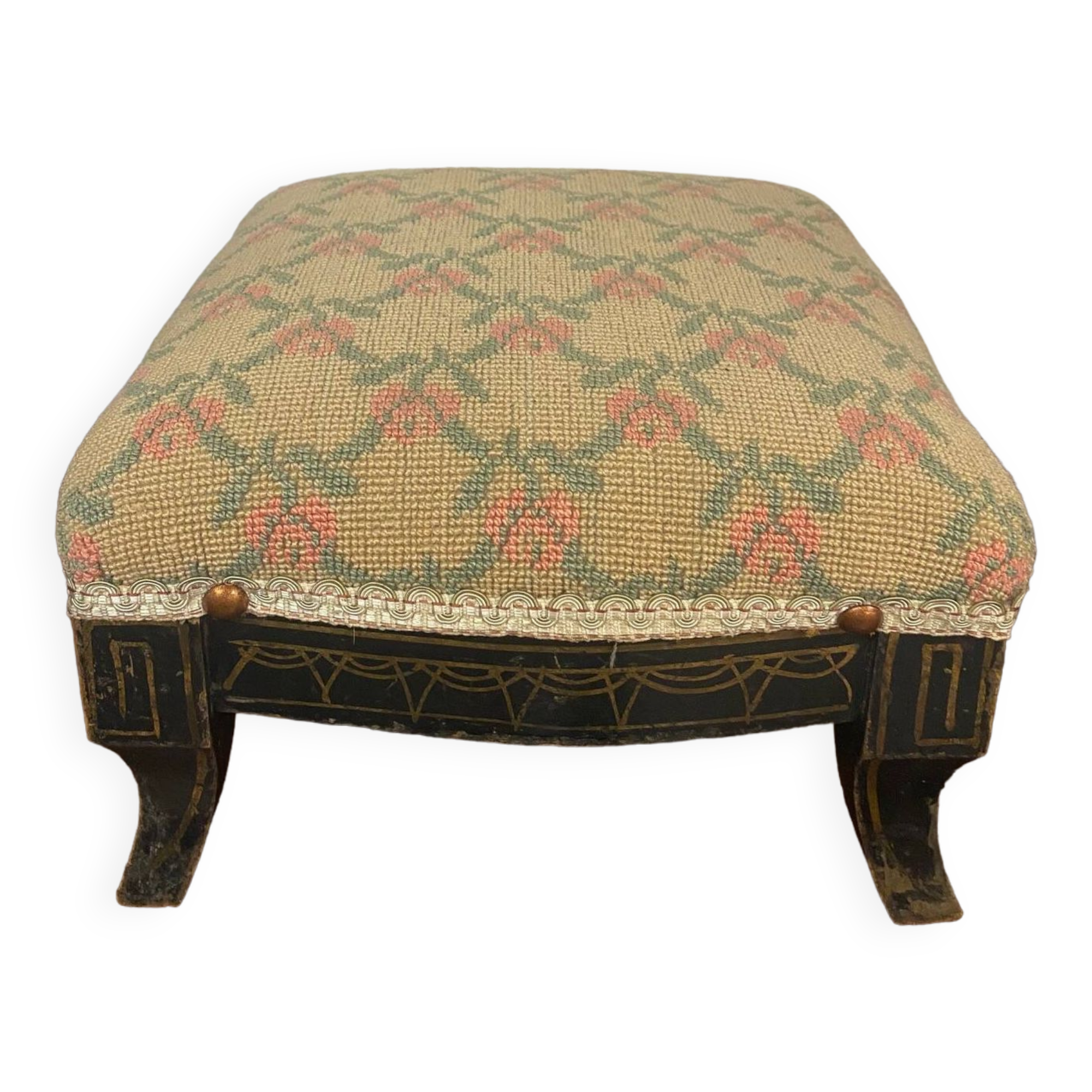 Antique napoleon lll style footrest blackened wood and cross stitch embroidery