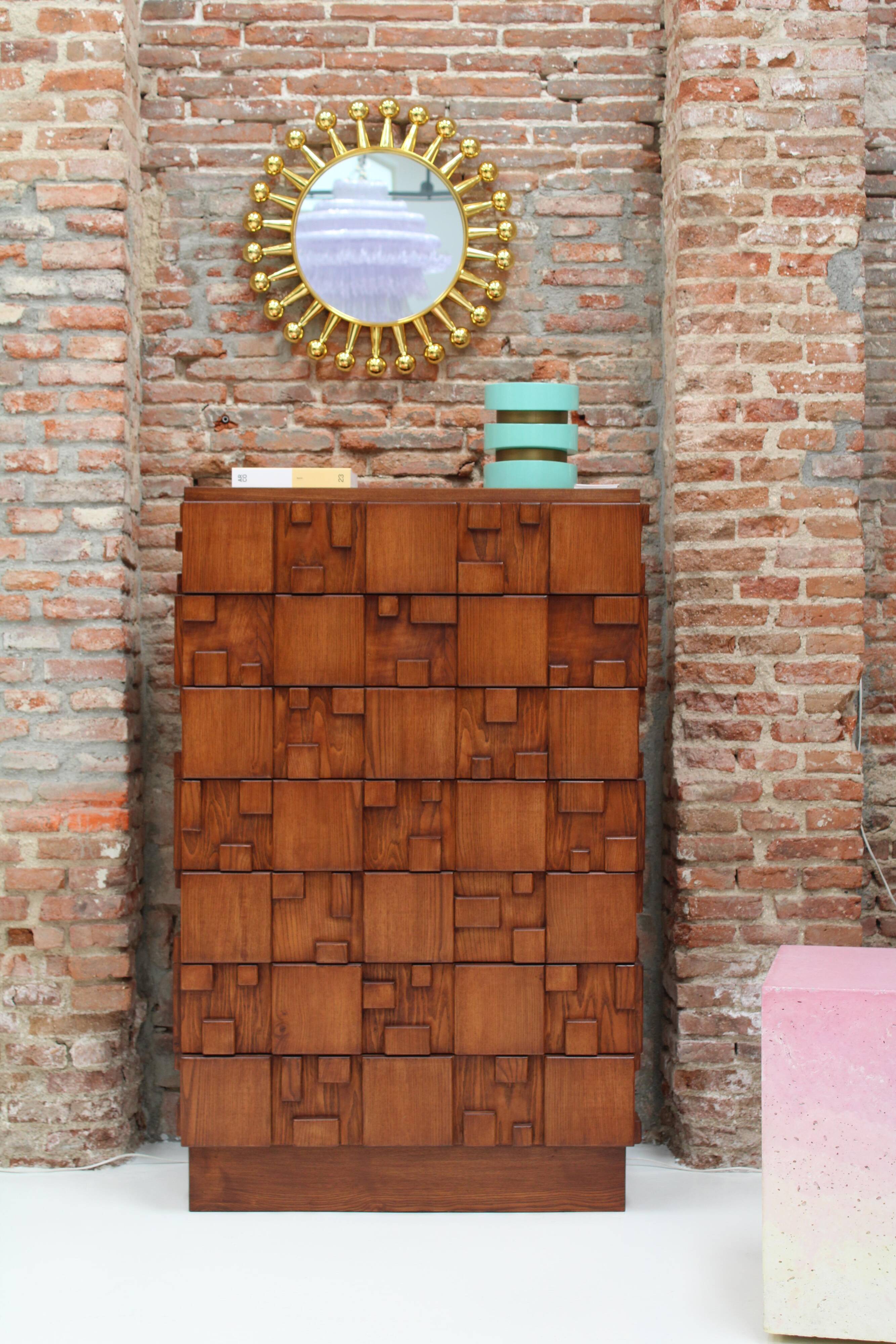 Brutalist Oak Wood Chest of Drawers with Sculptural Fronts, Italian Handcrafted