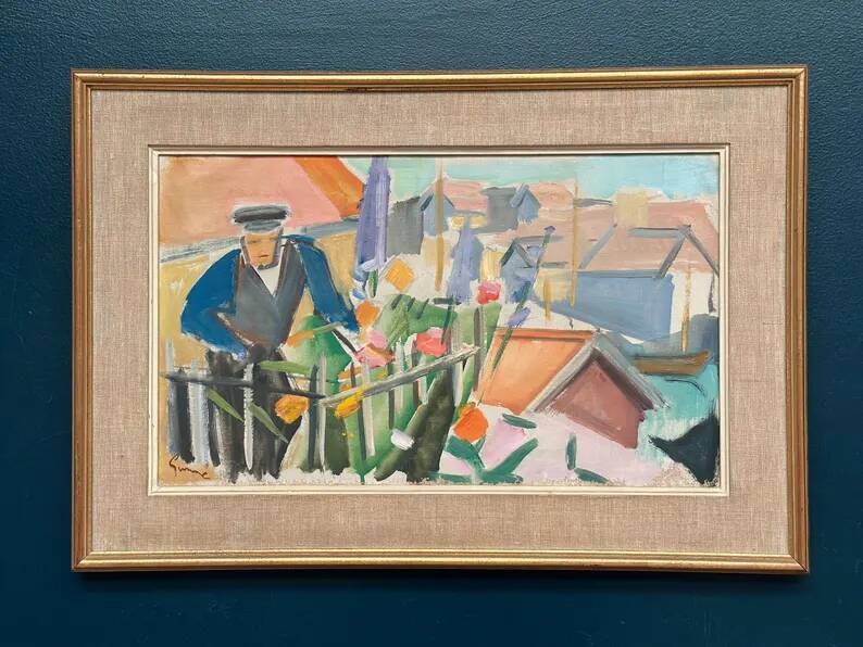 Swedish Original Oil on Canvas – "Figure Near a Flower Fence" by Carl Gunne – Signed – Vintage and Framed – 69.5 × 48 cm (27.4" × 18.9")
