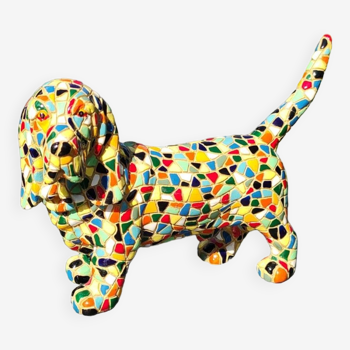 Figurine chien Basset Hound en céramique finition Mosaïques multicolores