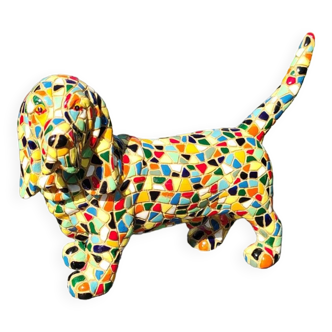 Figurine chien Basset Hound en céramique finition Mosaïques multicolores